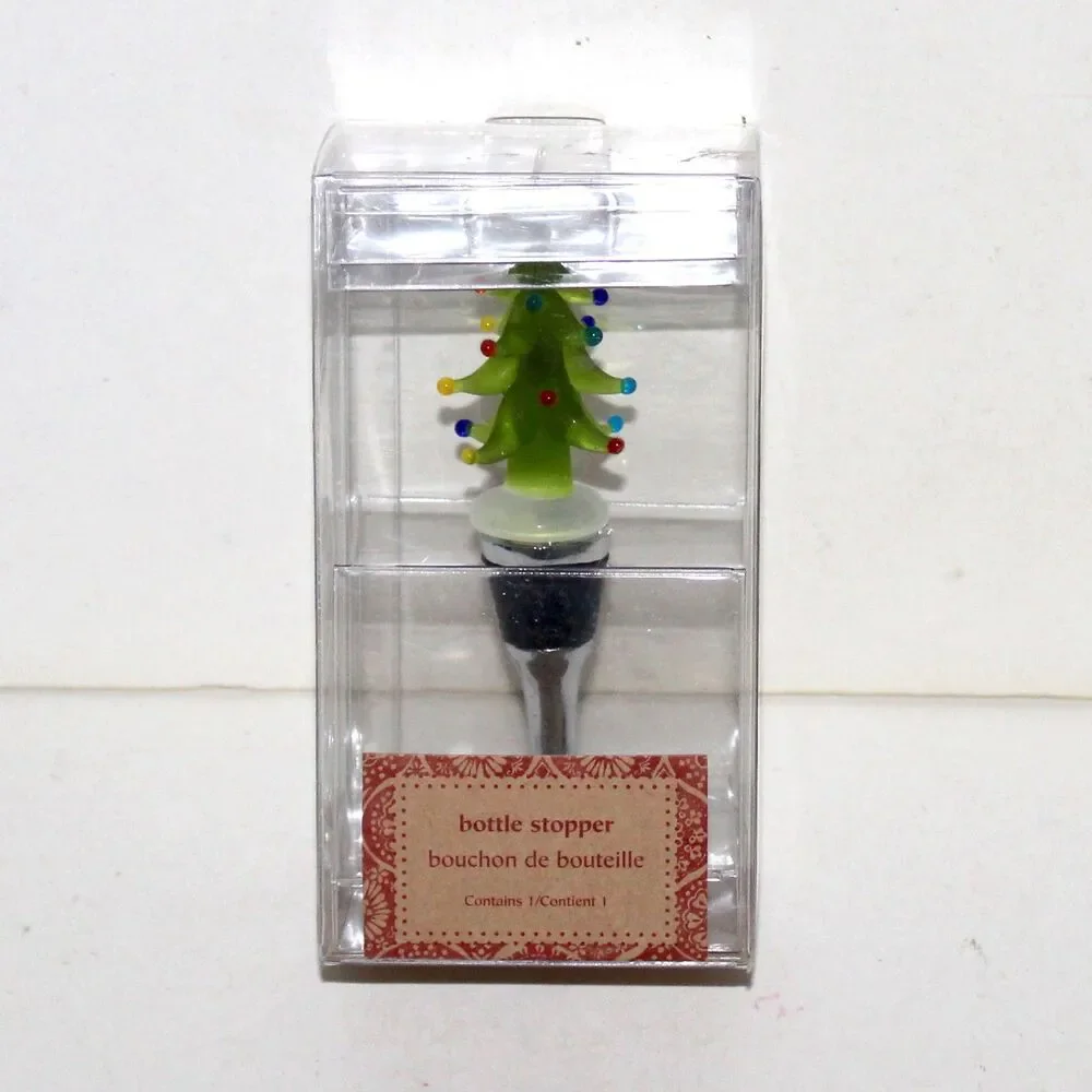 Pier 1 Imports Bottle Stopper Glass Christmas Tree stainless steel NEW NOS